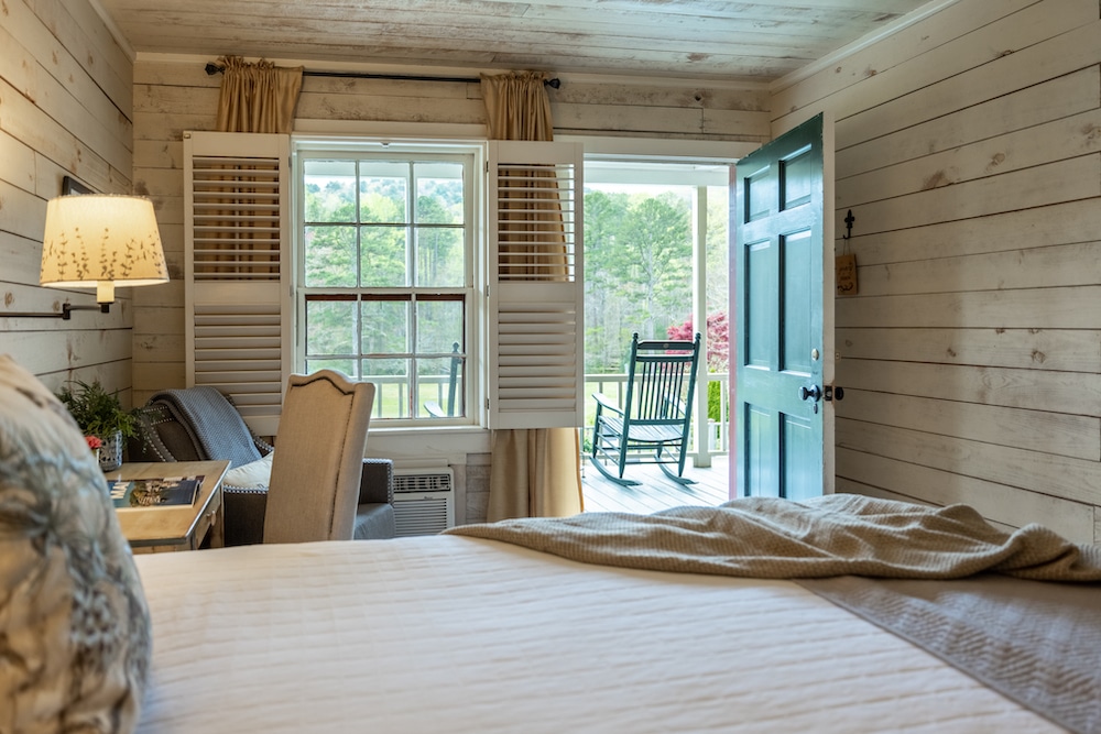 Guest room with a porch at our Inn - one of the most inexpensive romantic weekend getaways in Georgia